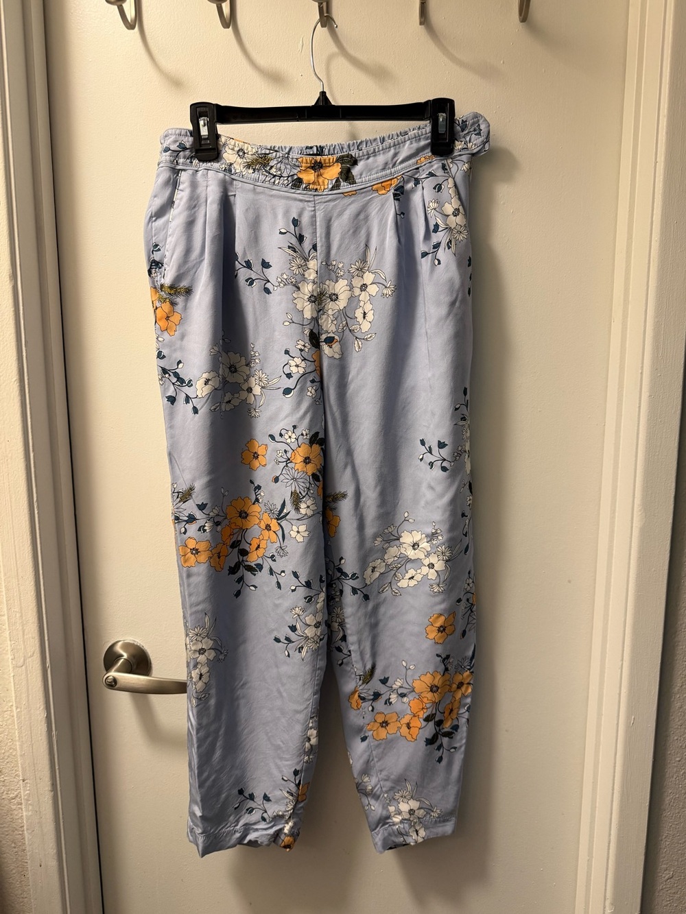 Light Blue Floral Wide-Leg Pants with Yellow Blooms